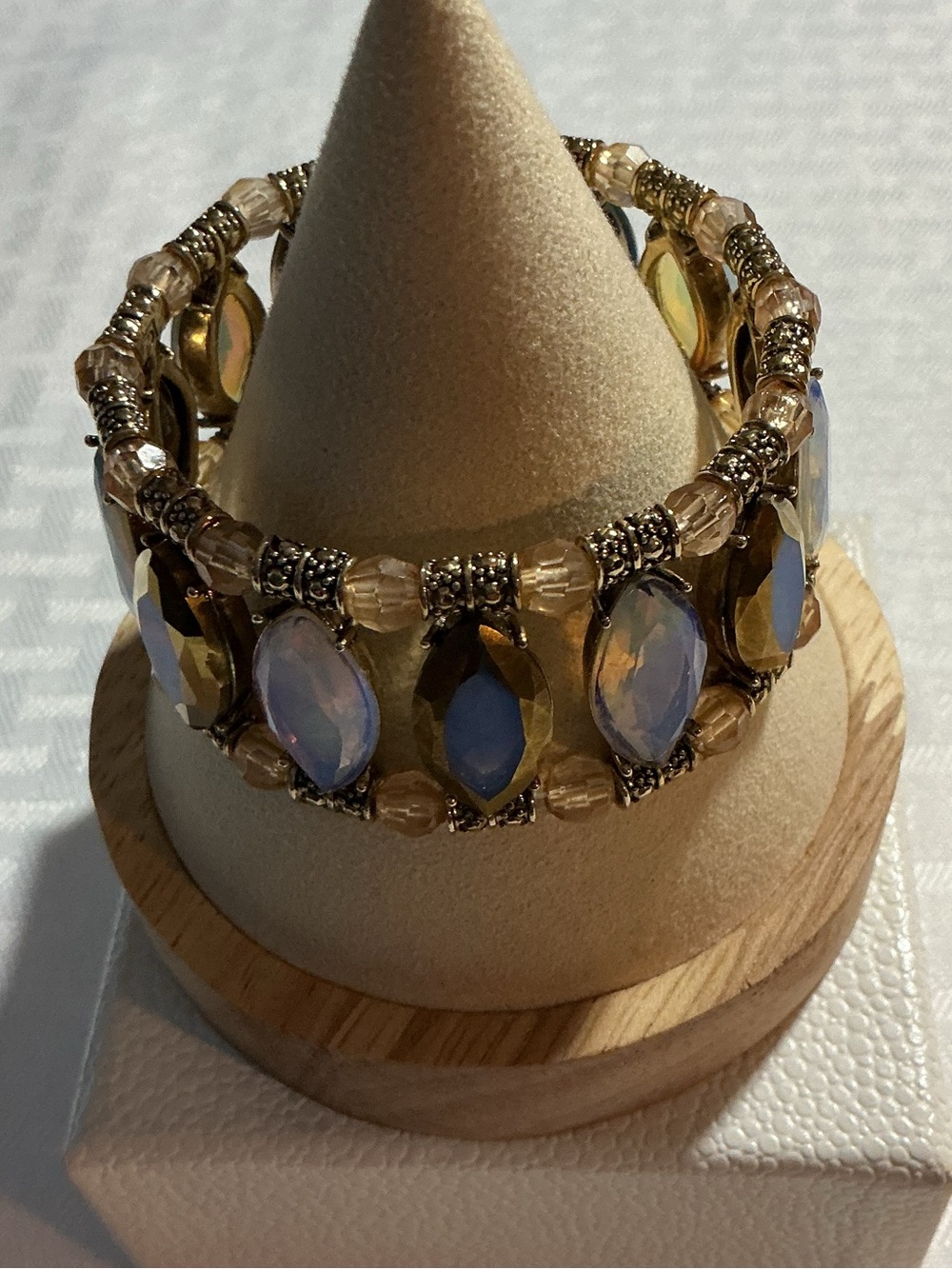Opaline And Amber Rhinestone Marquise Cut Gold Tone Stretch Bracelet